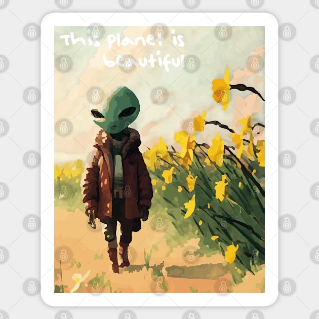 Alien walking through a vast field of yellow daffodils 2 Sticker by Megadorim